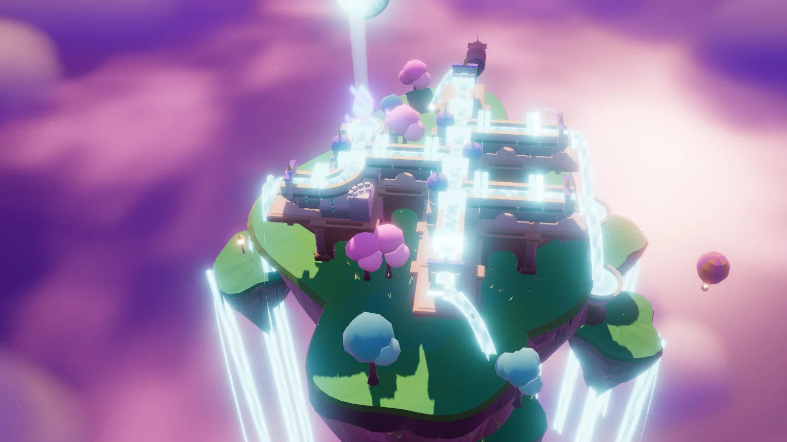 A floating garden island, half built, waiting for its last pieces